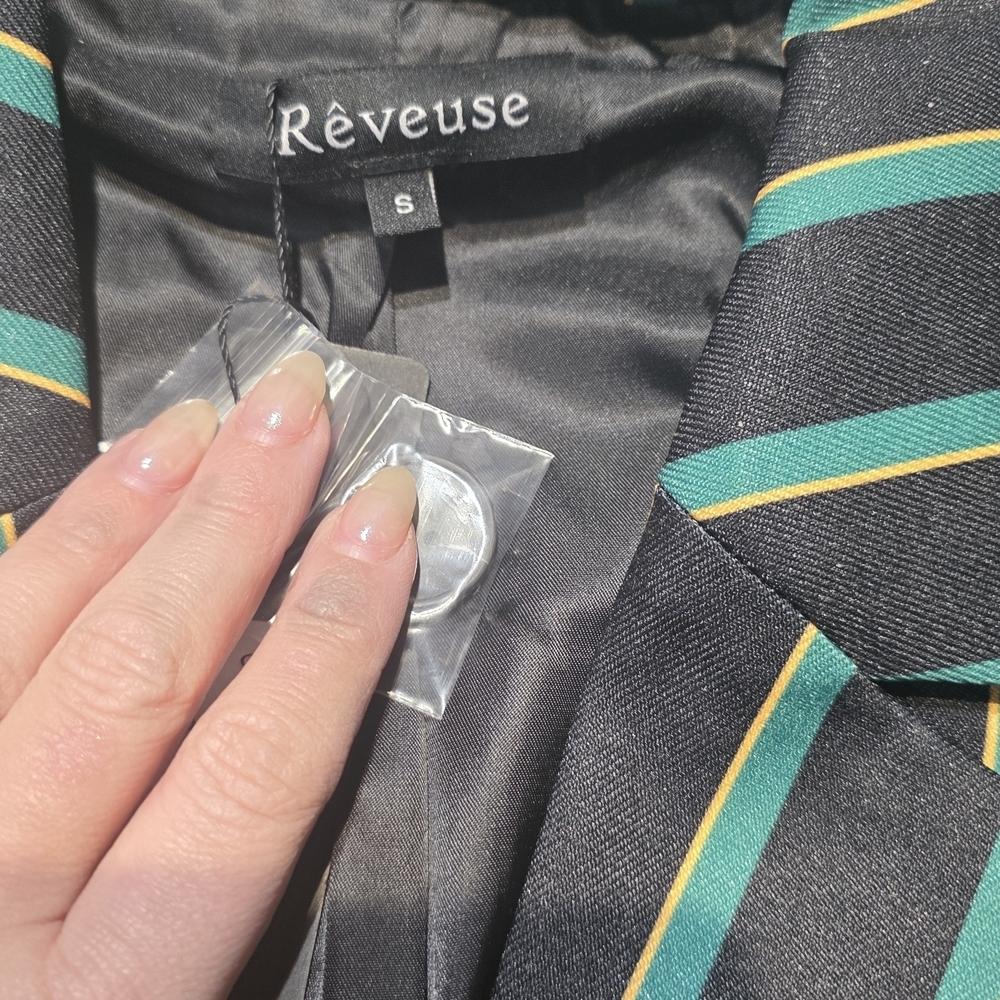 Reveuse NWT Elegant Black and Green Striped Women's Blazer S/M/L/XL - Picture 5 of 13